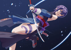 Rule 34 | 1girl, ainu clothes, backless outfit, blue eyes, blue gloves, dual wielding, elbow gloves, gloves, hair between eyes, heterochromia, highres, holding, holding sword, holding weapon, ninja, obi, parted lips, partially fingerless gloves, purple hair, red eyes, reverse grip, samurai spirits, sash, shiki (samurai spirits), short hair, short sword, side slit, sidelocks, snake tattoo, snk, solo, sword, tantou, tattoo, weapon, yagi2013