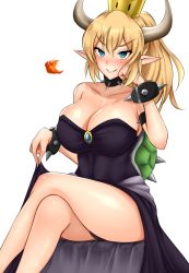 Rule 34 | &gt;:), 1girl, armlet, bad id, bad pixiv id, bare legs, bare shoulders, black dress, blonde hair, blue eyes, blush, bowsette, bracelet, breasts, cleavage, clothes lift, collar, collarbone, crimecrime, crown, dress, dress lift, gem, head rest, highres, horns, jewelry, large breasts, legs, long hair, mario (series), new super mario bros. u deluxe, nintendo, parted lips, pointy ears, sitting, smirk, spiked bracelet, spiked collar, spikes, strapless, strapless dress, super crown, tail, thighs, turtle shell