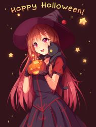Rule 34 | 1girl, :d, artist name, black background, black cat, black dress, black gloves, blush, borrowed character, cat, colored sclera, commission, cowboy shot, dress, food, gloves, glowing, happy halloween, hat, holding, holding food, holding pumpkin, holding vegetable, hyanna-natsu, jack-o&#039;-lantern, long hair, open mouth, original, pumpkin, red eyes, red hair, short sleeves, simple background, smile, solo, standing, star (symbol), vegetable, witch hat, yellow sclera
