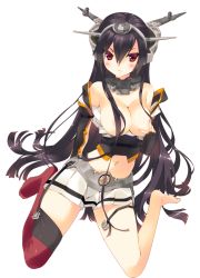 Rule 34 | &gt;:(, 10s, 1girl, arikawa satoru, barefoot, black hair, blush, breasts, covering nipples, covering one breast, covering privates, elbow gloves, fingerless gloves, frown, garter straps, gloves, hair censor, hairband, kantai collection, large breasts, long hair, midriff, miniskirt, nagato (kancolle), navel, red eyes, red thighhighs, single thighhigh, skirt, solo, thighhighs, v-shaped eyebrows
