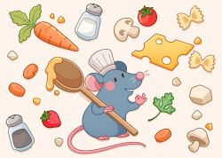 Rule 34 | 1boy, absurdres, animal focus, blush, carrot, cheese, chef hat, flat top chef hat, food, fruit, hat, highres, holding, holding spoon, looking at viewer, mouse (animal), mushroom, no humans, ok sign, open mouth, pepper shaker, ratatouille, remy (ratatouille), salt shaker, simple background, smile, spoon, strawberry, tomato, vanillacherie, whiskers