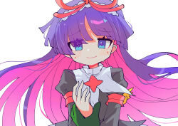 1girl absurdres blue_eyes blunt_bangs blush closed_mouth disembodied_hand feli_(puyopuyo) highres long_hair long_sleeves offbeat purple_hair puyopuyo simple_background smile solo sweat white_background