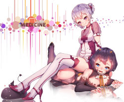 Rule 34 | 2girls, ass, black hair, blue eyes, blush, breasts, cleavage, detached sleeves, english text, fangxiang cuoluan, high heels, horns, lying, multiple girls, nurse, on stomach, open mouth, original, personification, pink eyes, reflection, reflective floor, revealing clothes, silver hair, sitting, sitting on person, thighhighs