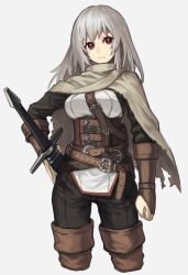 1girl belt belt_buckle black_pants boots breasts brown_belt brown_footwear brown_gloves buckle clenched_hand cloak closed_mouth cropped_legs fingerless_gloves gloves grey_cloak highres janoukyo19 large_breasts long_hair medium_breasts multiple_belts original pants red_eyes scabbard sheath simple_background solo sword thigh_boots torn_cloak torn_clothes weapon white_background white_cloak white_hair