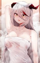 Rule 34 | 1girl, absurdres, aegir (azur lane), arm behind head, arm up, armpits, azur lane, breasts, brown eyes, commentary, dated commentary, demon horns, hair between eyes, highres, horns, huge filesize, large breasts, long hair, looking at viewer, multicolored hair, naked towel, open mouth, red hair, samip, silver hair, solo, steam, streaked hair, towel, towel on head, upper body, very long hair, white towel