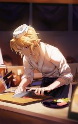 Rule 34 | 1boy, blonde hair, blue eyes, chef, cooking, cutting, cutting board, earrings, food, hat, highres, holding, holding knife, indoors, jewelry, knife, knife block, kumoki0510, link, long sleeves, male focus, meat, nintendo, plate, pointy ears, shirt, short hair, solo, the legend of zelda, triforce, white hat, white shirt