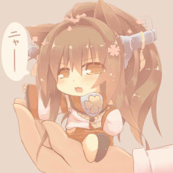 Rule 34 | 10s, 1girl, animal ears, brown eyes, brown hair, cat ears, chibi, fang, flower, hair flower, hair ornament, hazuki ruu, headgear, in palm, kantai collection, kemonomimi mode, mini person, minigirl, open mouth, ponytail, shirt, sitting, skirt, sleeves past wrists, solo focus, wide sleeves, yamato (kancolle)