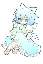 Rule 34 | 1girl, bad id, bad pixiv id, blue eyes, blue hair, bow, cirno, doll, dress, frills, frog, full body, hair ribbon, ice, ice wings, looking at viewer, mary janes, matching hair/eyes, open mouth, reisen2, ribbon, shoes, short hair, simple background, sitting, socks, solo, stuffed animal, stuffed frog, stuffed toy, touhou, white background, wings, yuzuki gao