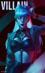 Rule 34 | 1girl, absurdres, breasts, claws, cropped jacket, dark, demon girl, evelynn (league of legends), giza lee, glowing, glowing eyes, highres, large breasts, league of legends, long hair, looking to the side, makeup, official alternate costume, open clothes, silver hair, skirt, yellow eyes