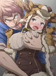 Rule 34 | 10s, 1boy, 1girl, :p, animal hood, bad id, bad pixiv id, bell, blush, grabbing another&#039;s breast, breasts, brown eyes, brown gloves, brown hair, daetta (granblue fantasy), draph, fang, gloves, grabbing, gran (granblue fantasy), granblue fantasy, hetero, hood, large breasts, open mouth, pink hair, pointy ears, short hair, solo focus, tayuura (kuwo), tongue, tongue out