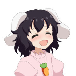 Rule 34 | 1girl, :d, ^ ^, animal ears, black hair, carrot necklace, cato (monocatienus), closed eyes, commentary request, closed eyes, floppy ears, happy, inaba tewi, necklace, open mouth, puffy sleeves, rabbit ears, short hair, simple background, smile, solo, touhou, underwear, white background