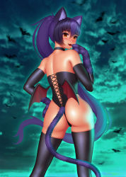 Rule 34 | 1girl, :d, absurdres, animal ear fluff, animal ears, animal hands, ass, barefoot, bat (animal), bat costume, bat wings, black choker, black gloves, black hair, black thighhighs, blush, cat ears, cat girl, cat tail, cheshire cat (monster girl encyclopedia), choker, commentary, elbow gloves, english commentary, fake wings, fangs, from behind, gloves, hair between eyes, halloween costume, hand to own mouth, highres, legs apart, long hair, looking at viewer, looking back, monster girl encyclopedia, multicolored hair, open mouth, orange eyes, ponytail, purple hair, smile, solo, tail, thighhighs, very long hair, wings, wlper
