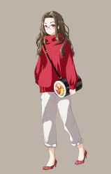 Rule 34 | 1girl, arms at sides, bag, blush, brown background, brown hair, buckle, casual, closed mouth, food, food themed bag, forehead, full body, glasses, high heels, highres, long hair, long sleeves, looking at viewer, makizushi, naruse chisato, original, pants, pants rolled up, purple eyes, red-framed eyewear, red footwear, red sweater, shoulder bag, simple background, sleeves past wrists, smile, solo, sushi, sweater, tareme, turtleneck, turtleneck sweater, walking, wavy hair, white pants