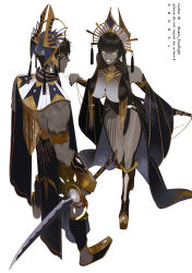 Rule 34 | 1boy, 1girl, armlet, black hair, black nails, bracelet, breasts, colored sclera, colored skin, dark-skinned female, dark skin, egyptian, egyptian clothes, full body, gold, grey sclera, grey skin, highres, jewelry, large breasts, long hair, looking at viewer, nail polish, original, semi (p-poco), short hair, usekh collar, weapon, yellow eyes