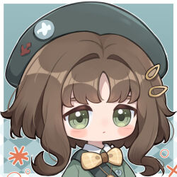 Rule 34 | 1girl, absurdres, ai chi guobaoyou, beret, blush, bow, bowtie, brown hair, chibi, collared dress, dot mouth, dress, eagle (reverse:1999), girl scout, green bow, green dress, green eyes, green hat, green sash, hair ornament, hairclip, hat, highres, looking at viewer, reverse:1999, sash, scout uniform, short hair, shoulder sash, solo, traditional bowtie, upper body, yellow bow, yellow bowtie