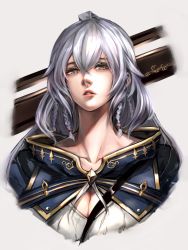 Rule 34 | 10s, 1girl, ahoge, braid, breasts, cape, cleavage, granblue fantasy, hair between eyes, highres, large breasts, long hair, looking at viewer, over shoulder, portrait, silva (granblue fantasy), silver hair, solo, twin braids, very long hair, watao, weapon, weapon over shoulder, yellow eyes