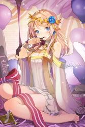 Rule 34 | 1girl, angel wings, armlet, balloon, bare shoulders, barefoot, blonde hair, blue eyes, blue flower, blue rose, blush, bow, breasts, chocolate, cleavage, cocorip, crown of thorns, cupcake, detached sleeves, dress, earrings, flower, food, grin, jewelry, licking, long hair, lowres, open mouth, ribbon, rose, rose pacifica, sitting, smile, solo, striped, swept bangs, sword girls, wariza, wings