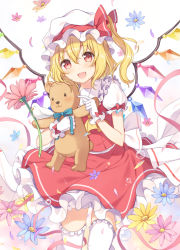 Rule 34 | 1girl, 6u (eternal land), :3, :d, animal, ascot, bad id, bad pixiv id, beak, bird, blonde hair, bloomers, blue bow, blue bowtie, blush, bow, bowtie, bridal garter, collar, crystal, demon wings, fang, flandre scarlet, flower, frilled collar, frilled shirt collar, frills, gloves, gradient background, hair between eyes, hat, hat bow, hat ribbon, holding, looking at viewer, mob cap, open mouth, petals, plant, poking, puffy short sleeves, puffy sleeves, red bow, red eyes, red ribbon, red skirt, ribbon, short hair, short sleeves, side ponytail, simple background, skirt, smile, soap bubbles, solo, standing, stuffed animal, stuffed toy, teddy bear, thighhighs, tooth, touhou, underwear, vampire, white background, white gloves, white hat, white thighhighs, wings, zettai ryouiki