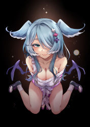Rule 34 | animal ears, blue hair, breasts, cleavage, dragon ears, dragon girl, elira pendora, elira pendora (1st costume), from above, hair ornament, hairclip, head wings, highres, lazulight, looking at viewer, mibry (phrysm), multicolored hair, nijisanji, nijisanji en, overall shorts, overalls, solo, sweater, virtual youtuber, white hair, white overalls, white sweater, wings