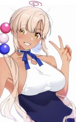 Rule 34 | 14 (vision5032), 1girl, blonde hair, blue ribbon, blush, breasts, commentary, dark-skinned female, dark skin, eyes visible through hair, framed breasts, hair between eyes, hair ornament, highres, hololive, hololive english, large breasts, limiter (tsukumo sana), long hair, looking at viewer, neck ribbon, orange eyes, parted lips, planet hair ornament, ribbon, shirt, sideboob, simple background, smile, solo, translucent hair, tsukumo sana, tsukumo sana (1st costume), twintails, upper body, v, virtual youtuber, white background, white shirt