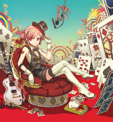 Rule 34 | 1girl, ace (playing card), ace of clubs, ace of hearts, ace of spades, armchair, bad id, bad pixiv id, black hat, book, boots, bow, bowtie, cane, card, chair, club (shape), crossed legs, diamond (shape), drumsticks, eight of diamonds (playing card), female focus, floating card, gloves, guitar, halterneck, hat, hat tip, heart, high heels, high waist, instrument, joker (playing card), king (playing card), king of diamonds, king of spades, legs, looking at viewer, microphone, mini hat, mini top hat, musical note, nakbe, original, pink hair, playing card, queen (playing card), queen of diamonds, queen of hearts (playing card), rabbit, red eyes, red ribbon, red upholstery, ribbon, shirt, shoes, short hair, shorts, sitting, solo, spade, spade (shape), star (symbol), studio microphone, tattoo, thigh boots, thighhighs, top hat, vest, white footwear, white gloves, white heels, white shirt