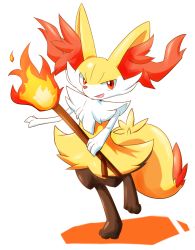Rule 34 | 1girl, animal ear fluff, animal ears, animal nose, braixen, creatures (company), female focus, fire, fox ears, fox tail, full body, furry, furry female, game freak, gen 6 pokemon, gen 7 pokemon, happy, highres, holding, kinakomochi (kazuna922), looking at viewer, nintendo, open mouth, pokemon, pokemon (creature), pokemon xy, red eyes, simple background, smile, snout, standing, standing on one leg, stick, tail, white background