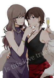 Rule 34 | 2girls, age difference, arm around shoulder, arm around waist, black shirt, bracelet, breasts, brown eyes, brown hair, champagne flute, closed mouth, commentary, cup, dress, drinking glass, earrings, english text, formal, girls und panzer, half-closed eyes, halterneck, hand on another&#039;s face, holding, holding cup, jewelry, lips, long hair, looking at viewer, mature female, medium breasts, multiple girls, necklace, nishizumi maho, pearl necklace, purple dress, red skirt, shawl, shimada chiyo, shirt, short hair, simple background, skirt, smile, standing, white background, yuri, yuuhi (arcadia)