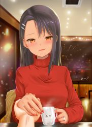 Rule 34 | 1girl, bad id, bad pixiv id, black hair, breasts, brown eyes, chair, commentary request, cup, fang, goldowl, half-closed eyes, hand grab, highres, holding, holding cup, ijiranaide nagatoro-san, indoors, jewelry, long hair, looking at viewer, mug, nagatoro hayase, nail polish, night, parted lips, red nails, red sweater, ring, sitting, small breasts, smile, solo focus, steam, sweater, table, turtleneck, turtleneck sweater, twitter username