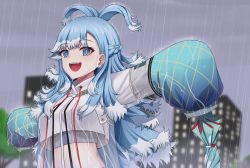 Rule 34 | 1girl, :d, absurdres, blue eyes, blue hair, building, city, closed umbrella, cloud, crop top, cropped jacket, earrings, highres, hololive, hololive indonesia, jacket, jewelry, jumping, kobo kanaeru, long hair, long sleeves, midriff, open mouth, pants, rain, see-through, see-through jacket, sky, sleeves past fingers, sleeves past wrists, smile, tree, umbrella, upper body, virtual youtuber, wet