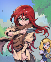 Rule 34 | 2girls, alternate costume, bandaged arm, bandages, black pants, blonde hair, blue bodysuit, blue eyes, blue sky, bodysuit, brown hairband, brown scarf, capelet, covered navel, cowboy shot, cropped torso, day, green eyes, hairband, katarina (league of legends), league of legends, long hair, long sleeves, looking at another, lux (league of legends), multiple girls, outdoors, pants, phantom ix row, red hair, scar, scar across eye, scarf, sky, smile, torn clothes, torn scarf, tree, white capelet