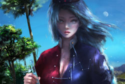 Rule 34 | 1girl, blue eyes, blue sky, breasts, cleavage, commentary request, day, expressionless, gibbous moon, lips, long hair, looking at viewer, moon, multicolored shirt, outdoors, parted lips, silver hair, sky, solo, test tube, touhou, tree, upper body, wind, yagokoro eirin, yuriya (riyuclock 19)