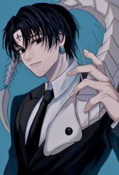Rule 34 | 1boy, absurdres, aqua background, black eyes, black hair, black jacket, black necktie, black suit, blurry, chrollo lucilfer, collared shirt, commentary, cross tattoo, depth of field, earrings, facial tattoo, fingernails, forehead tattoo, formal, hair between eyes, hand up, highres, hunter x hunter, indoor fish, jacket, jewelry, long sleeves, looking at viewer, male focus, necktie, nen (hunter x hunter), parted bangs, parted lips, shirt, short hair, simple background, solo focus, suit, tattoo, upper body, white shirt, yohane (yohane007)