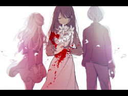 Rule 34 | 1boy, 2girls, artist name, back, black border, blonde hair, blood, blood on clothes, border, bouquet, brother and sister, closed eyes, closed mouth, commentary request, dress, fingernails, flower, hair between eyes, hands up, highres, holding, holding bouquet, hoshino ai (oshi no ko), hoshino aquamarine, hoshino ruby, jacket, long fingernails, long hair, long sleeves, mother and daughter, mother and son, multiple girls, one side up, oshi no ko, own hands together, pants, petals, pink pants, pink skirt, purple hair, purple jacket, purple sweater, school uniform, shirt, short hair, siblings, simple background, skirt, smile, standing, sweater, twins, user acjw5454, white background, white dress, white flower, white shirt, youtou high school uniform