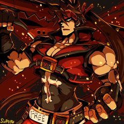 Rule 34 | 1boy, abs, artist name, belt, brown hair, embers, fingerless gloves, gloves, guilty gear, guilty gear xrd, headband, holding, holding sword, holding weapon, long hair, looking at viewer, male focus, muscular, muscular male, open mouth, over shoulder, pectoral cleavage, pectorals, ponytail, red eyes, simple background, sol badguy, solo, spiked hair, suparu (detteiu), sword, sword over shoulder, weapon, weapon over shoulder