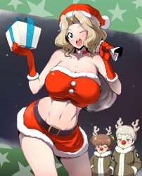 Rule 34 | 10s, 3girls, ;d, adapted costume, alisa (girls und panzer), alternate costume, animal costume, bag, bell, belt, black belt, blonde hair, blue eyes, breasts, brown eyes, brown hair, carrying, choker, closed mouth, commentary request, crop top, emblem, fake antlers, freckles, frown, gift, girls und panzer, gloves, hair intakes, hair ornament, hands in pockets, hat, highres, jitome, kay (girls und panzer), large breasts, long hair, looking at viewer, microskirt, multiple girls, naomi (girls und panzer), navel, night, night sky, one eye closed, open mouth, over shoulder, oversized object, red choker, red gloves, red hat, red nose, red shirt, reindeer costume, santa costume, santa hat, sasaki tatsuya, saunders military uniform, shirt, short hair, short twintails, skirt, sky, smile, standing, star (symbol), starry background, twintails, very short hair