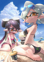 Rule 34 | + +, 2girls, ass, aviator sunglasses, bare back, bare legs, bare shoulders, barefoot, beach, bikini, black bikini, black hair, breasts, brown eyes, callie (splatoon), cat, cleavage, closed mouth, cloud, collarbone, day, domino mask, earrings, fang, feet, highres, jewelry, legs, long hair, looking at viewer, marie (splatoon), mask, medium breasts, mole, mole under eye, multiple girls, nintendo, ocean, open mouth, outdoors, pointy ears, sand castle, sand sculpture, short hair, silver hair, sitting, sky, smile, soles, splatoon (series), sunglasses, sunglasses on head, sweat, swept bangs, swimsuit, tentacle hair, thick eyebrows, toes, twintails, umino hotate, wariza