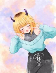 Rule 34 | 1girl, :3, absurdres, bare shoulders, black skirt, blonde hair, blue sweater, blunt bangs, blush, closed eyes, collarbone, commentary request, demon horns, earrings, facing viewer, fake horns, fang, highres, horns, jewelry, long sleeves, medium hair, mem-cho, multicolored hair, off-shoulder sweater, off shoulder, open mouth, oshi no ko, partial commentary, pointing, pointing at self, puffy sleeves, roots (hair), sidelocks, skirt, smile, solo, sweater, tomioka (r2czw)