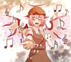 Rule 34 | 1girl, animal ears, arm garter, beamed quavers, bird wings, blush, bow, bowtie, brooch, brown dress, closed eyes, cowboy shot, crying, dress, foreshortening, hat, highres, jewelry, juliet sleeves, long sleeves, mob cap, music, musical note, mystia lorelei, open mouth, ozu (agito100001), pink hair, puffy sleeves, quaver, reaching, reaching towards viewer, red bow, singing, solo, tears, teeth, touhou, treble clef, white bow, white bowtie, wings
