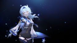 Rule 34 | 1girl, absurdres, black background, black leotard, black thighhighs, blue hair, cape, commentary request, eula (genshin impact), eyes visible through hair, genshin impact, hair between eyes, hair ornament, hairband, highres, ice crystal, leotard, long sleeves, looking at viewer, medium hair, necktie, simple background, smile, solo, thighhighs, vision (genshin impact), wind, yellow eyes, zettai ryouiki, zhu tai