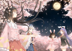 Rule 34 | 3000 xiao chun, 4girls, absurdres, animal ears, black hair, blue eyes, blush, braid, brown eyes, cherry blossoms, closed eyes, closed mouth, extra ears, facing another, floating hair, full moon, hat, highres, houraisan kaguya, inaba tewi, long hair, looking away, moon, multiple girls, necktie, night, nurse cap, open mouth, outdoors, pink skirt, rabbit ears, red eyes, red necktie, reisen udongein inaba, short hair, silver hair, skirt, smile, touhou, water drop, yagokoro eirin