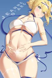 Rule 34 | 1girl, azur lane, bikini, blonde hair, blue background, blush, bracelet, bracer, breasts, character name, closed mouth, cross, cross earrings, cross necklace, earrings, green eyes, hair ornament, hair ribbon, hairclip, hands on own stomach, highres, jeanne d&#039;arc (azur lane), jeanne d&#039;arc (saintess of the sea) (azur lane), jewelry, large breasts, leg tattoo, lips, long hair, looking at viewer, lying, navel, necklace, official alternate costume, on back, pubic tattoo, ribbon, silver tokki, solo, stomach tattoo, swimsuit, tattoo, white bikini