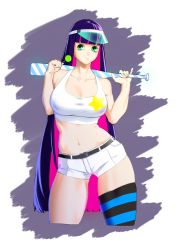 Rule 34 | 1girl, baseball bat, belt, black belt, blue leotard, blue thighhighs, blunt bangs, breasts, candy, cleavage, closed mouth, colored inner hair, covered erect nipples, cowboy shot, cropped legs, cropped shirt, dyun, food, green eyes, highres, holding, holding baseball bat, holding candy, holding food, holding lollipop, large breasts, leotard, lollipop, long hair, looking at viewer, midriff, multicolored hair, navel, panty &amp; stocking with garterbelt, pink hair, pinky ring, puffy nipples, purple background, purple hair, shirt, short shorts, shorts, single thighhigh, sleeveless, sleeveless shirt, solo, stocking (psg), stomach, striped clothes, striped thighhighs, tank top, thighhighs, very long hair, visor cap, white shorts