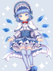Rule 34 | 1girl, alternate costume, alternate hairstyle, ascot, blue background, blue cape, blue eyes, blue footwear, blue hair, blue thighhighs, blunt bangs, blush, bonnet, bow, bowtie, cape, capelet, cirno, commentary request, dress, fur-trimmed cape, fur trim, gothic lolita, hair intakes, head tilt, highres, layered dress, lolita fashion, long sleeves, looking at viewer, partial commentary, petticoat, red neckwear, shirt, short hair, simple background, smile, solo, sparkle background, thigh gap, thighhighs, tomo takino, touhou, twitter username, underbust, white capelet, white neckwear, white shirt, wings, zettai ryouiki