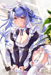 Rule 34 | 1girl, animal ears, blue hair, blush, breasts, cleavage, closed mouth, collarbone, dress, frilled dress, frills, haruhina purple, highres, hololive, legs, long hair, maid, medium breasts, neck ribbon, panties, rabbit ears, ribbon, solo, thigh strap, thighhighs, underwear, usada pekora, virtual youtuber, white panties, white thighhighs, yellow eyes