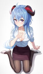 Rule 34 | 1girl, ahoge, black pantyhose, blue hair, blush, bori2537, breasts, cleavage, commentary, full body, ganyu (genshin impact), genshin impact, hand on own chest, high heels, highres, horns, long hair, looking at viewer, medium breasts, office lady, pantyhose, partially unbuttoned, pencil skirt, purple eyes, shirt, sidelocks, sitting, skirt, smile, solo, uniform, wariza, white background, white shirt