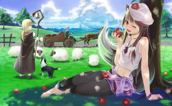Rule 34 | 1boy, 2girls, animal ears, apple, barefoot, belly, beret, blonde hair, bracelet, brown hair, craft lawrence, dog, enekk, fang, fangs, feet, food, fruit, grass, hat, highres, holo, horse, jewelry, landscape, long hair, midriff, multiple girls, navel, nora arento, okingjo, one eye closed, open mouth, pouch, red eyes, sheep, sitting, spice and wolf, tail, wink, wolf ears, wolf tail