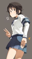 Rule 34 | 1girl, arm warmers, black hair, blue neckerchief, blue sailor collar, blue skirt, brown eyes, brown hair, commentary request, cowboy shot, from behind, grey background, grin, highres, kantai collection, looking at viewer, looking back, miyuki (kancolle), neckerchief, pleated skirt, sailor collar, sakura (medilore), school uniform, serafuku, short hair, simple background, skirt, smile, solo, v
