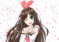 Rule 34 | 1girl, arm up, arm warmers, armpits, bare shoulders, blue eyes, blush, boots, bow, breasts, brown hair, collarbone, hair bow, hairband, kizuna ai, lace, lace-trimmed legwear, lace trim, long hair, looking at viewer, medium breasts, navel, official art, open mouth, outstretched arm, outstretched hand, pink bow, pink hairband, ribbon, sailor collar, simple background, smile, solo, swept bangs, tagme, teeth, thigh boots, thighhighs, vest, white vest
