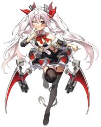 Rule 34 | 1girl, absurdres, azur lane, bare shoulders, belt, bikini, bikini top only, black bikini, black dress, black garter straps, black thighhighs, blush, bow, bowtie, closed mouth, clothes lift, collar, demon wings, detached collar, dress, fang, finger to mouth, full body, garter straps, hair ribbon, highres, layered skirt, long hair, looking at viewer, mechanical wings, one eye closed, red bow, red bowtie, red eyes, red ribbon, ribbon, simple background, skirt, skirt lift, slit pupils, smile, solo, swimsuit, thighhighs, torpedo, turret, twintails, vampire (azur lane), white background, white belt, white collar, white hair, wings, yunoo (cmzkvneld845)