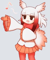 Rule 34 | 1girl, aticotta, blush, gloves, gradient hair, grey background, head wings, japanese crested ibis (kemono friends), kemono friends, long sleeves, looking away, medium hair, multicolored hair, musical note, open mouth, orange skirt, pantyhose, pleated skirt, red gloves, red hair, red pantyhose, simple background, skirt, smile, solo, white hair, wings